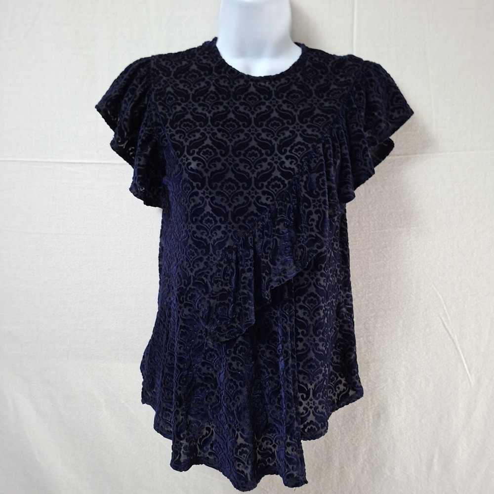 Womens Blue‎ Velvet Top 4 Burnout Ruffle Asymmetric Whimsigoth Fairy Grunge